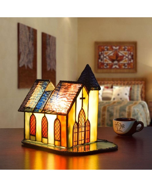 Europa Tiffany Vintage Small House Art Bedroom Bedhead Nightlight Feeding Bar Light Church Glass Desk Lamp