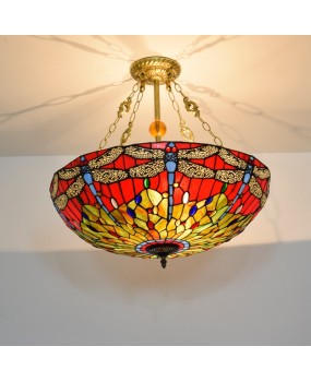 60CM vintage red background dragonfly European style Tiffany European colored glass living room dining room bedroom pendant light