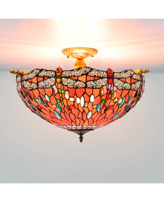 55CM European Tiffany Colored Glass Guest Restaurant Bar Bedroom Retro Ceiling Light Red Bottom Dragonfly Celebration Light
