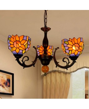 Europa Tiffany Countryside Colored Glass Blue Background Sunflower Personalized Restaurant Decoration Three Head Glass Pendant Light