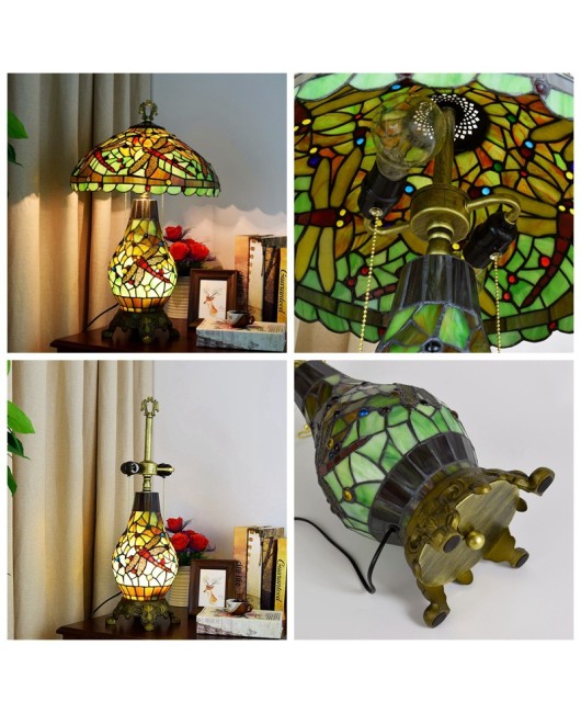American style countryside, European style, Tiffany colored glass living room, dining room, bedroom decoration, green dragonfly mother and child desk lamp