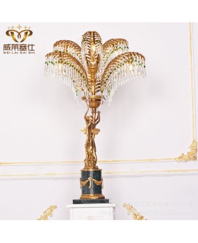 European style all copper crystal desk lamp, French dewaxed retro angel statue art, Baroque printed green marble base