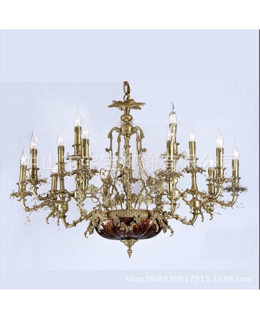 American style all copper chandelier for home decoration, living room, bedroom, dining room, study, retro and creative European style candle villa, all copper lighting fixtures