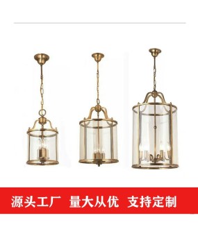 American style copper pendant light, entrance hall, simple staircase, bar counter, metal solder cylinder, birdcage, glass lighting fixtures