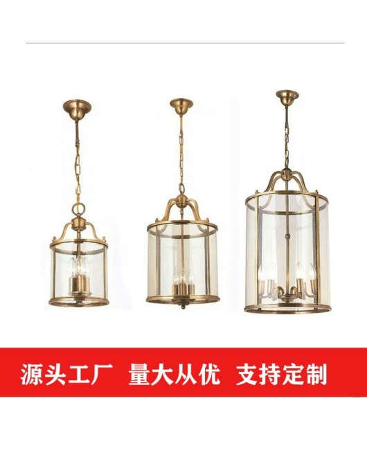 American style copper pendant light, entrance hall, simple staircase, bar counter, metal solder cylinder, birdcage, glass lighting fixtures