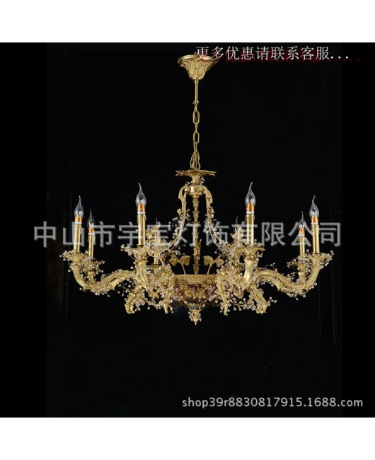 American style all copper chandelier for home decoration, living room, bedroom, dining room, study, retro and creative European style candle villa, all copper lighting fixtures