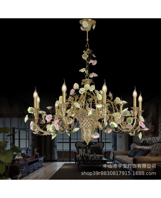 Full copper French pendant light, flower basket, personalized home decoration, indoor living room, dining room, bedroom, study room, rest room, staircase lighting fixtures