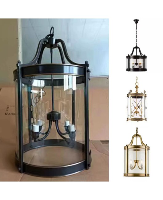 American retro full copper cylindrical entrance chandelier, hallway light, staircase, villa restaurant, sunroom, corridor glass light