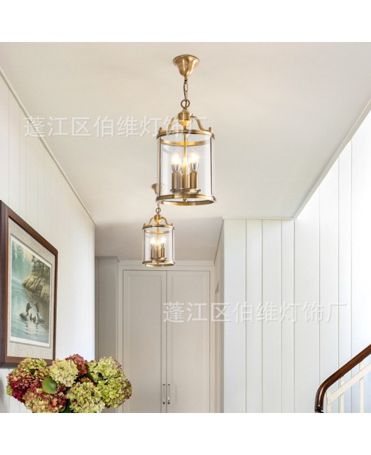 American style copper pendant light, entrance hall, simple staircase, bar counter, metal solder cylinder, birdcage, glass lighting fixtures