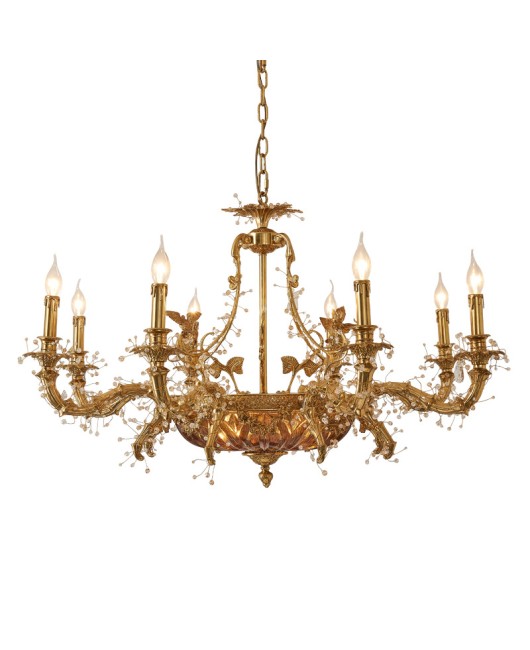 American style all copper chandelier for home decoration, living room, bedroom, dining room, study, retro and creative European style candle villa, all copper lighting fixtures