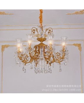 European style all copper crystal chandelier, French style living room, light luxury and grand dining room, bedroom, American retro villa, engineering lighting fixtures