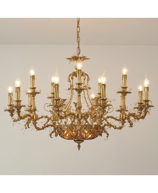 American style all copper chandelier for home decoration, living room, bedroom, dining room, study, retro and creative European style candle villa, all copper lighting fixtures