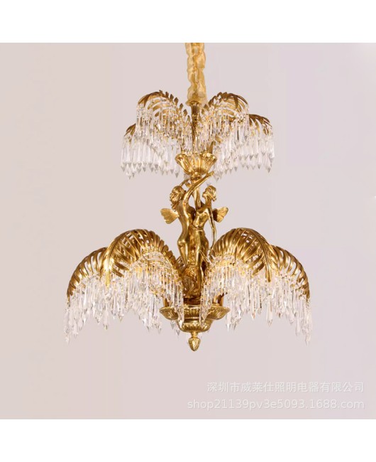 European style all copper crystal chandelier, French style living room, bedroom, dining room, household copper lamp, hotel club, duplex hall lighting fixture