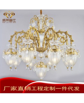 European style all copper duplex ceiling light, French style grand dining room, living room, living room, bedroom, retro villa, luxurious crystal light