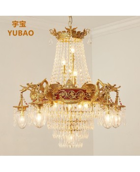 French retro hall chandelier, European style duplex hotel villa project, crystal lamp, all copper swan atmospheric lighting fixture