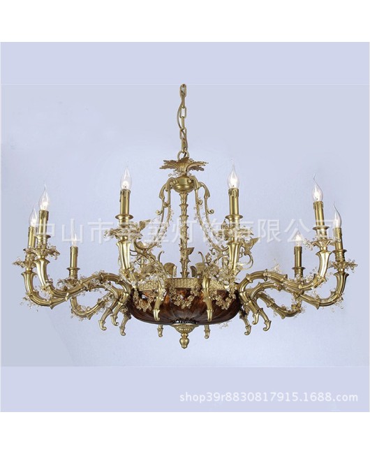 American style all copper chandelier for home decoration, living room, bedroom, dining room, study, retro and creative European style candle villa, all copper lighting fixtures