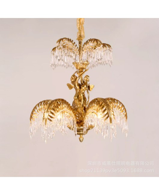 European style all copper crystal chandelier, French style living room, bedroom, dining room, household copper lamp, hotel club, duplex hall lighting fixture