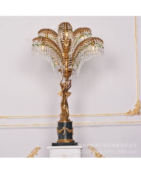 European style all copper crystal desk lamp, French dewaxed retro angel statue art, Baroque printed green marble base