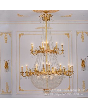 European style all copper crystal chandelier, French style duplex building, empty space, retro style, light luxury villa, lobby, hotel, club, American style