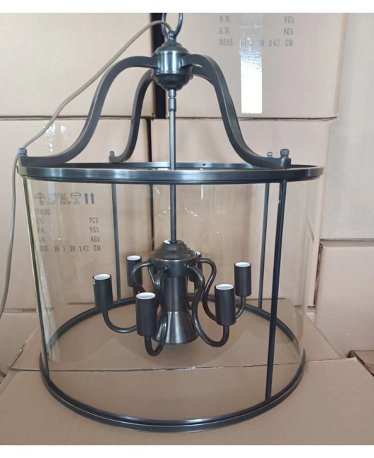 American style copper pendant light, entrance hall, simple staircase, bar counter, metal solder cylinder, birdcage, glass lighting fixtures