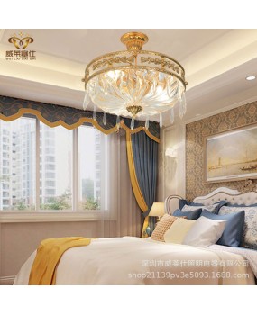 European style all copper crystal ceiling light, villa dining room, bedroom, study, hallway, circular French luxury entrance, retro light