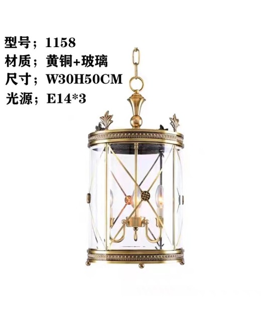 American retro full copper cylindrical entrance chandelier, hallway light, staircase, villa restaurant, sunroom, corridor glass light