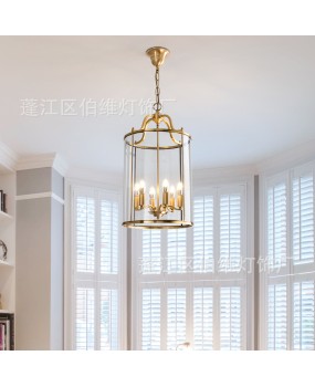 American style copper pendant light, entrance hall, simple staircase, bar counter, metal solder cylinder, birdcage, glass lighting fixtures