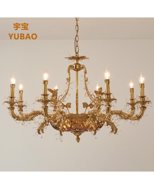 American style all copper chandelier for home decoration, living room, bedroom, dining room, study, retro and creative European style candle villa, all copper lighting fixtures