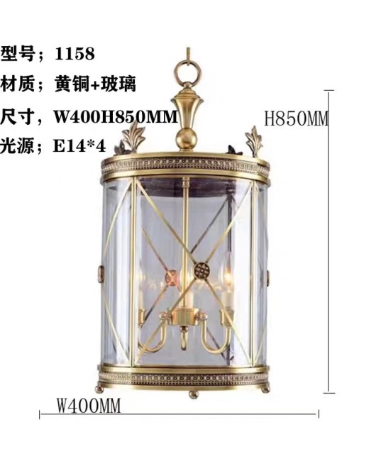American retro full copper cylindrical entrance chandelier, hallway light, staircase, villa restaurant, sunroom, corridor glass light