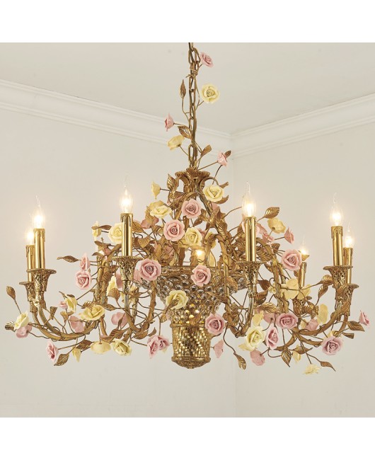 Full copper French pendant light, flower basket, personalized home decoration, indoor living room, dining room, bedroom, study room, rest room, staircase lighting fixtures