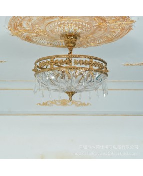 European style all copper crystal ceiling light, villa dining room, bedroom, study, hallway, circular French luxury entrance, retro light