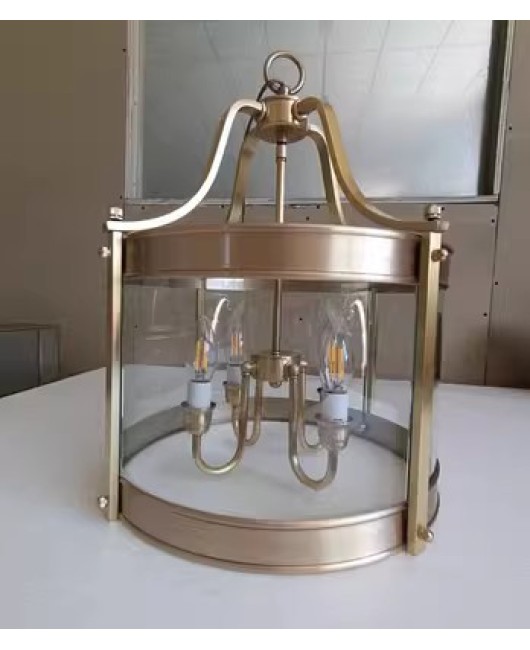 American retro full copper cylindrical entrance chandelier, hallway light, staircase, villa restaurant, sunroom, corridor glass light
