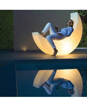 Moon floor lamp, living room lounge chair, crescent shaped children's room, bedroom, cool Jurassic atmosphere, Dimple Devil