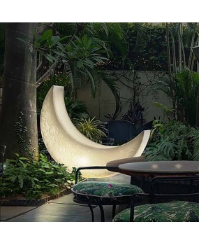 Moon floor lamp, living room lounge chair, crescent shaped children's room, bedroom, cool Jurassic atmosphere, Dimple Devil