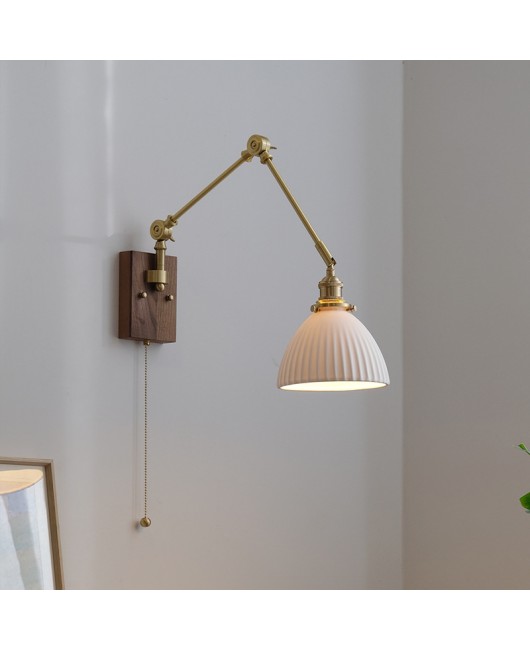 French retro bedroom bedside lamp with antique style, Nordic brass walnut wood with switch, solid wood sofa, reading wall lamp