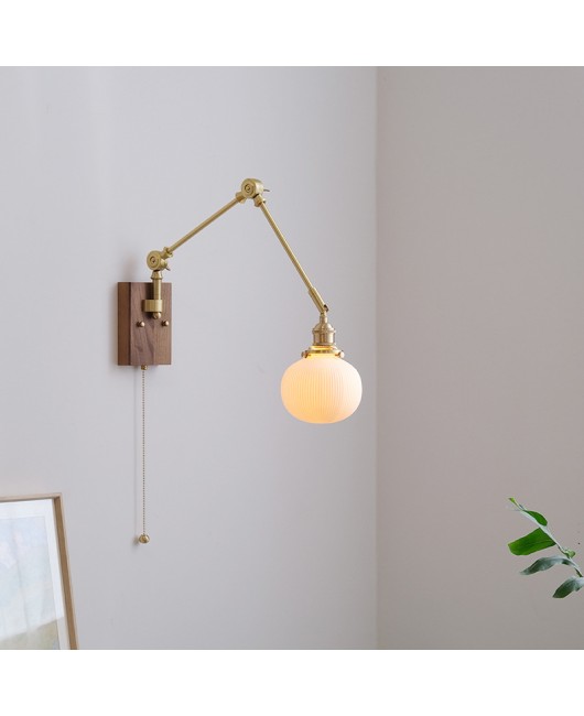 French retro bedroom bedside lamp with antique style, Nordic brass walnut wood with switch, solid wood sofa, reading wall lamp