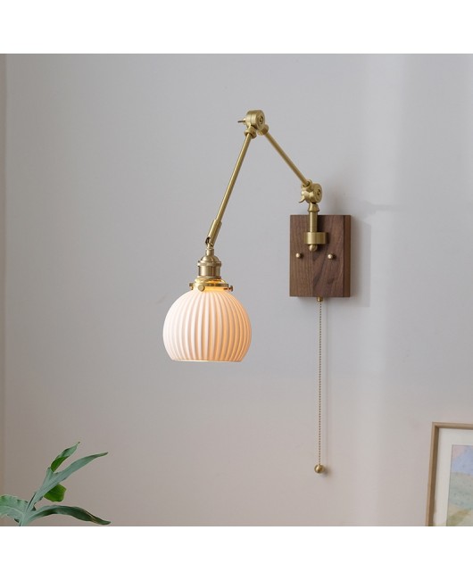 French retro bedroom bedside lamp with antique style, Nordic brass walnut wood with switch, solid wood sofa, reading wall lamp