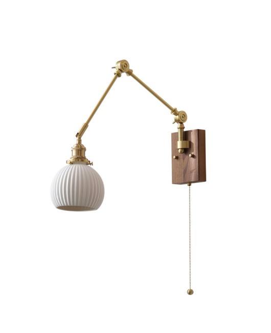 French retro bedroom bedside lamp with antique style, Nordic brass walnut wood with switch, solid wood sofa, reading wall lamp