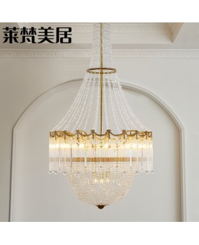 European style all copper crystal long chandelier, French staircase, duplex building, empty living room, creative luxury villa, grand luxury