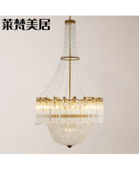 European style all copper crystal long chandelier, French staircase, duplex building, empty living room, creative luxury villa, grand luxury