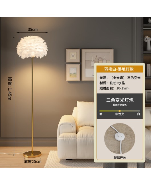 Floor lamp feather crystal light luxury Nordic living room sofa side bedroom headboard internet celebrity live broadcast room warm vertical lamp