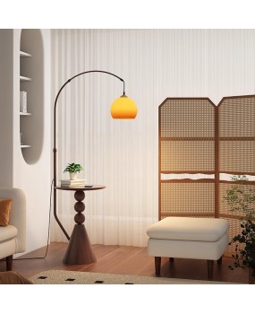 American retro floor lamp, storage rack integrated, living room sofa, high-end feeling, vintage bedroom atmosphere, standing desk lamp