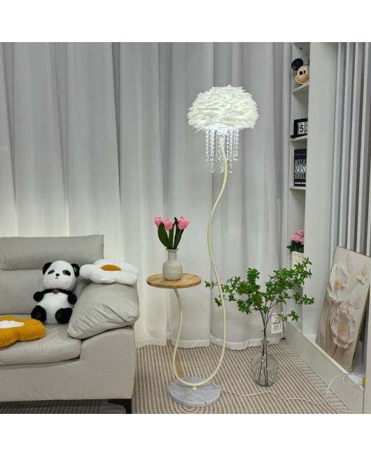 Cream style crystal feather sofa, floor lamp next to living room, coffee table, bedroom bedside standing desk lamp