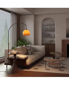 American retro floor lamp, storage rack integrated, living room sofa, high-end feeling, vintage bedroom atmosphere, standing desk lamp