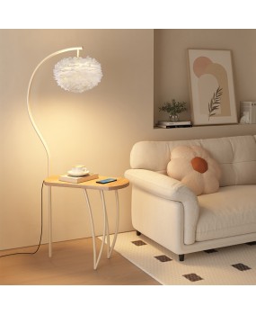 Cream style floor lamp, living room sofa, several shelves, coffee table, floor lamp, bedroom bedside table, integrated desk lamp