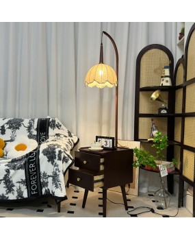 Full solid bedside table integrated desk lamp with antique style, home bedroom bedside cabinet with storage atmosphere, floor lamp