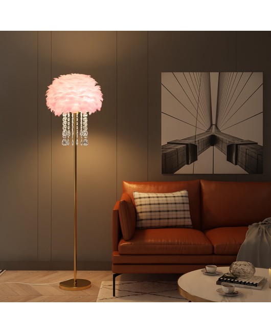 Floor lamp feather crystal light luxury Nordic living room sofa side bedroom headboard internet celebrity live broadcast room warm vertical lamp