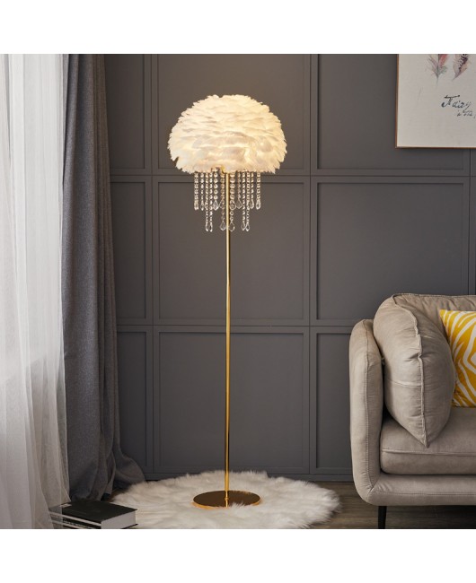 Floor lamp feather crystal light luxury Nordic living room sofa side bedroom headboard internet celebrity live broadcast room warm vertical lamp