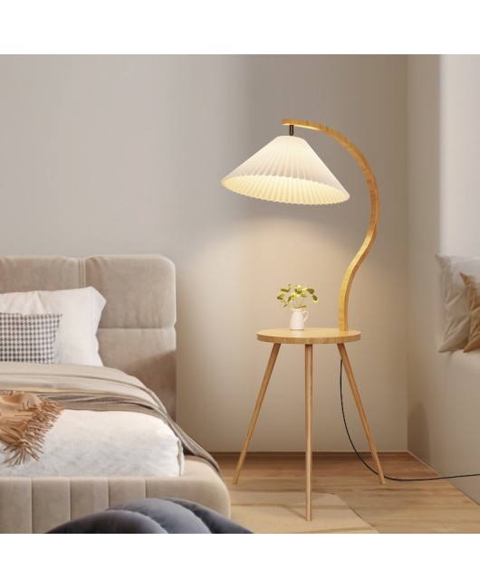 Creative solid wood floor lamp with hundreds of pleats on the edge, integrated living room storage desk lamp, antique style tea table in the bedroom, bedside table lamp