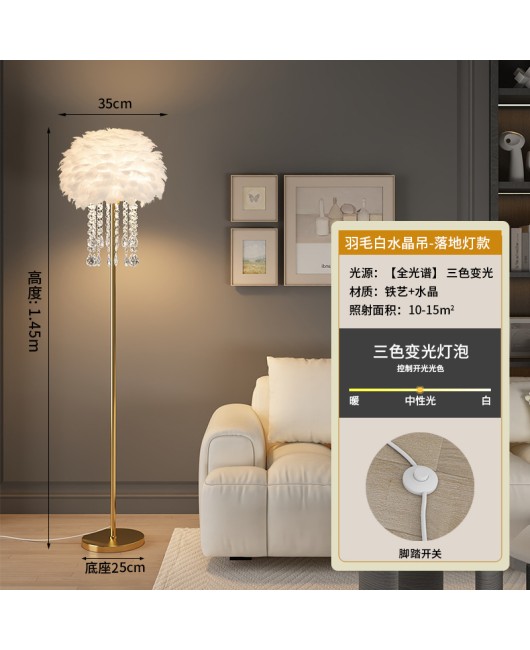 Floor lamp feather crystal light luxury Nordic living room sofa side bedroom headboard internet celebrity live broadcast room warm vertical lamp